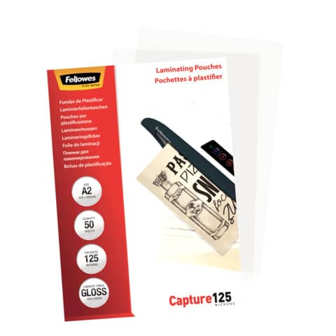 Pouches per plastificatrici Fellowes Standard Capture125 finitura lucida - 2x125 µm - A2 - Conf. 50 pz - 5309302